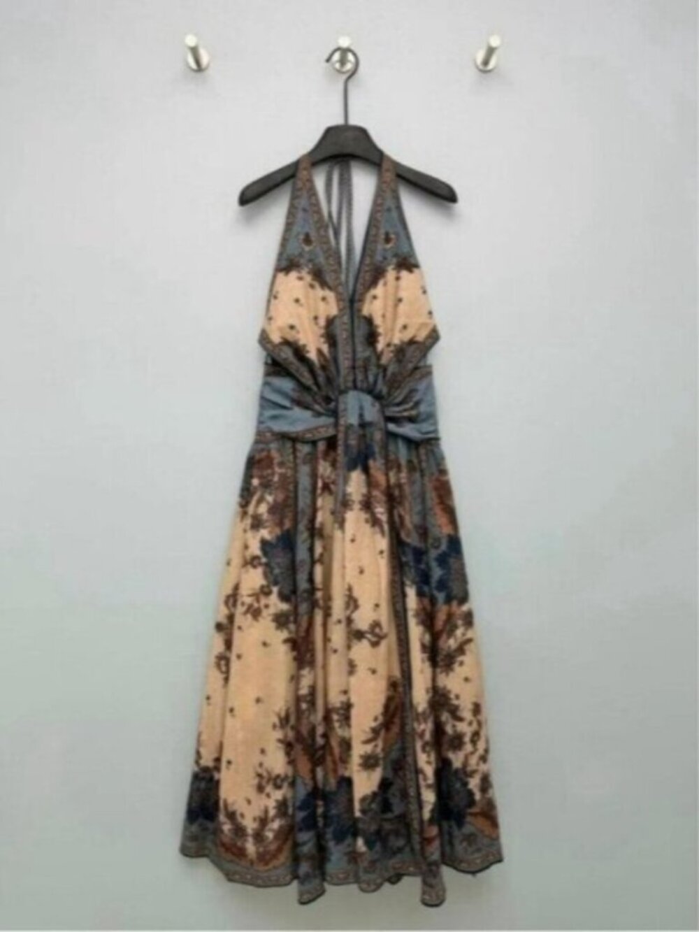 Zimmermann Beige and Blue Floral Halter Maxi Dress